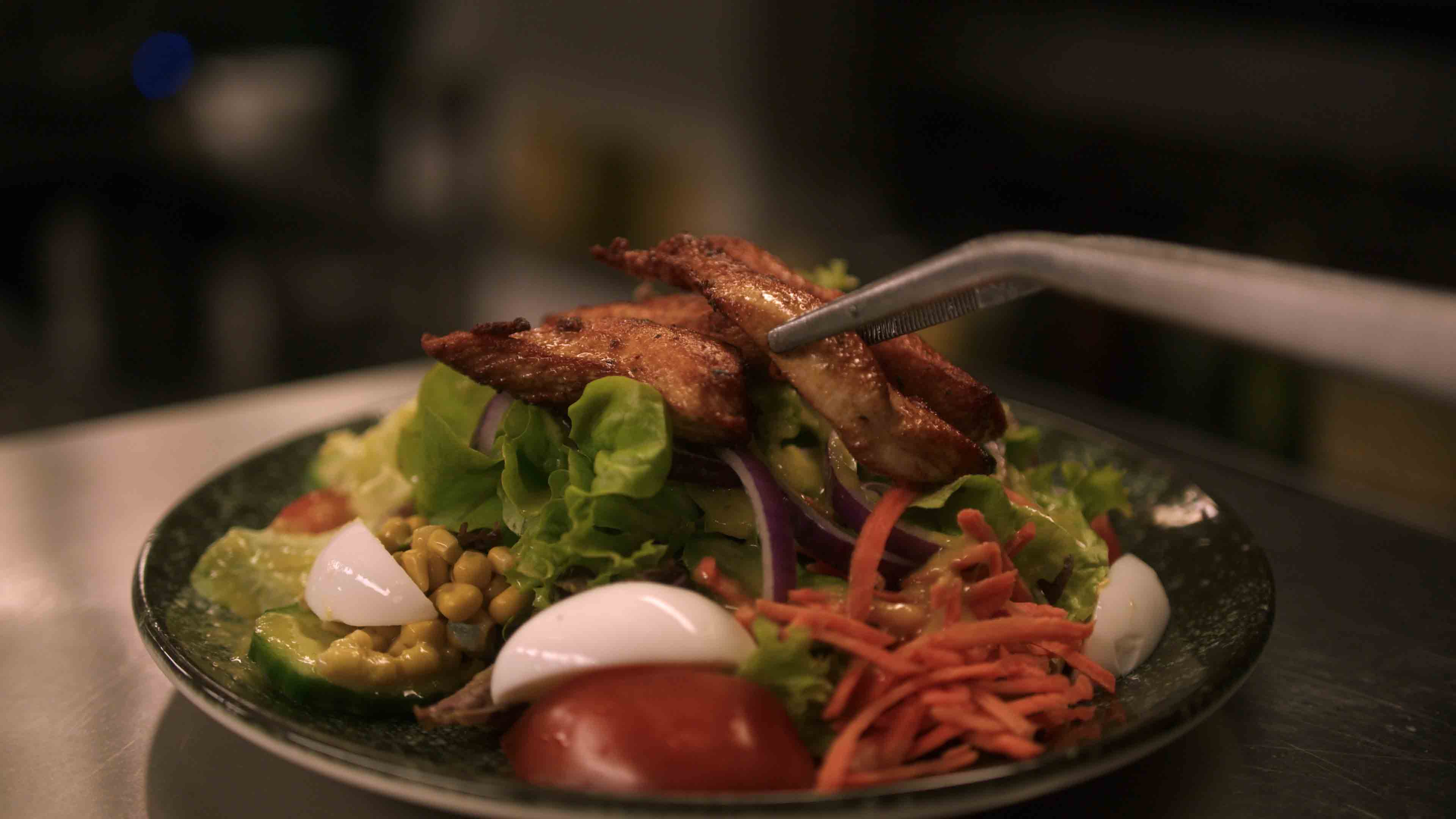 Salatteller mit gegrilltem Hähnchen, Blattsalat, Tomaten, Mais, Gurkenscheiben, geraspelten Karotten, geviertelten gekochten Eiern und roten Zwiebeln.